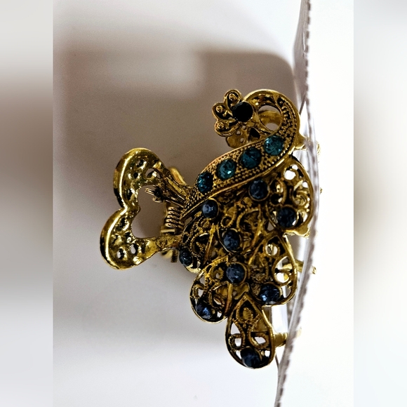 NWT Blue Gems & Gold Enamel Peacock Medium Hair Clip! - Picture 11 of 14